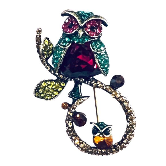 Vtg Owl Owlet Rhinestone Brooch Pin Green Pink Aqua Blue Faceted Crystals - Picture 1 of 7